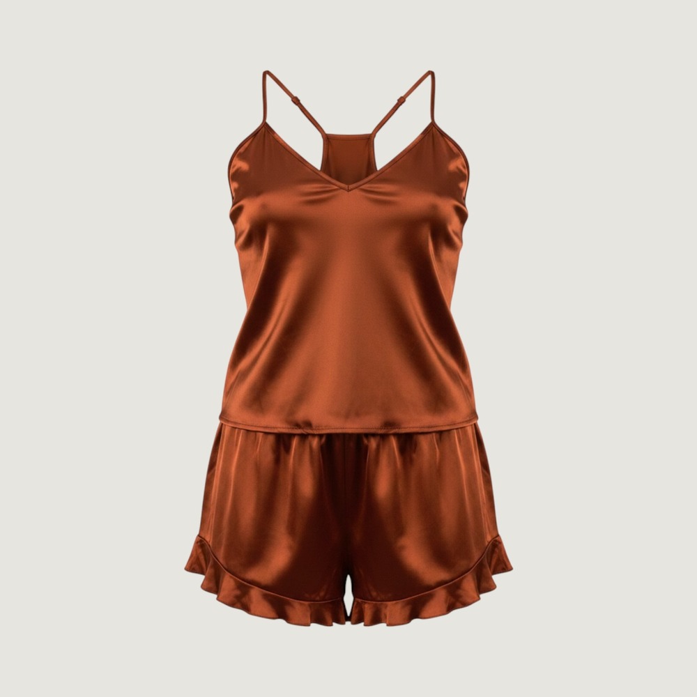 Satin Pajama Set Women XXL Rust Orange Cami and Ruffle Shorts Lounge